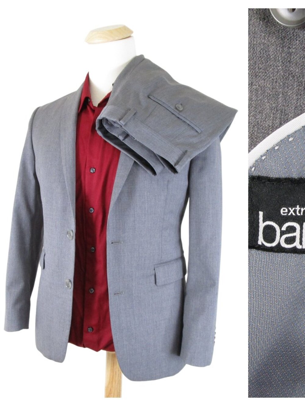 bar III Extra Slim Mens Solid Gray Two Button Wool Suit Size 38SH Pants 30 X 30